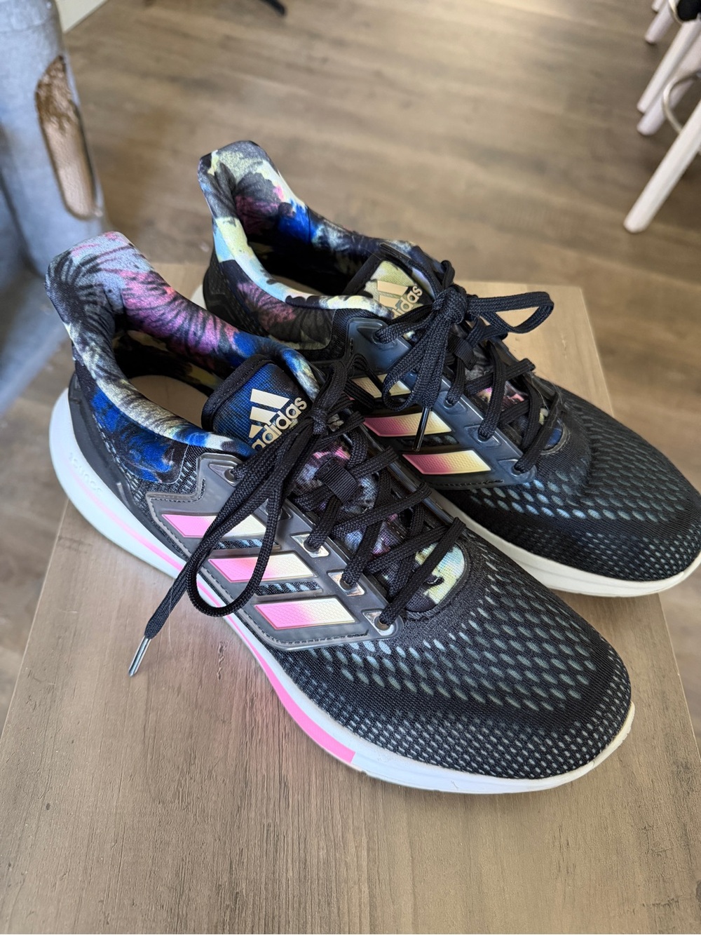 adidas Black Running Shoes with Pink and Yellow Accents